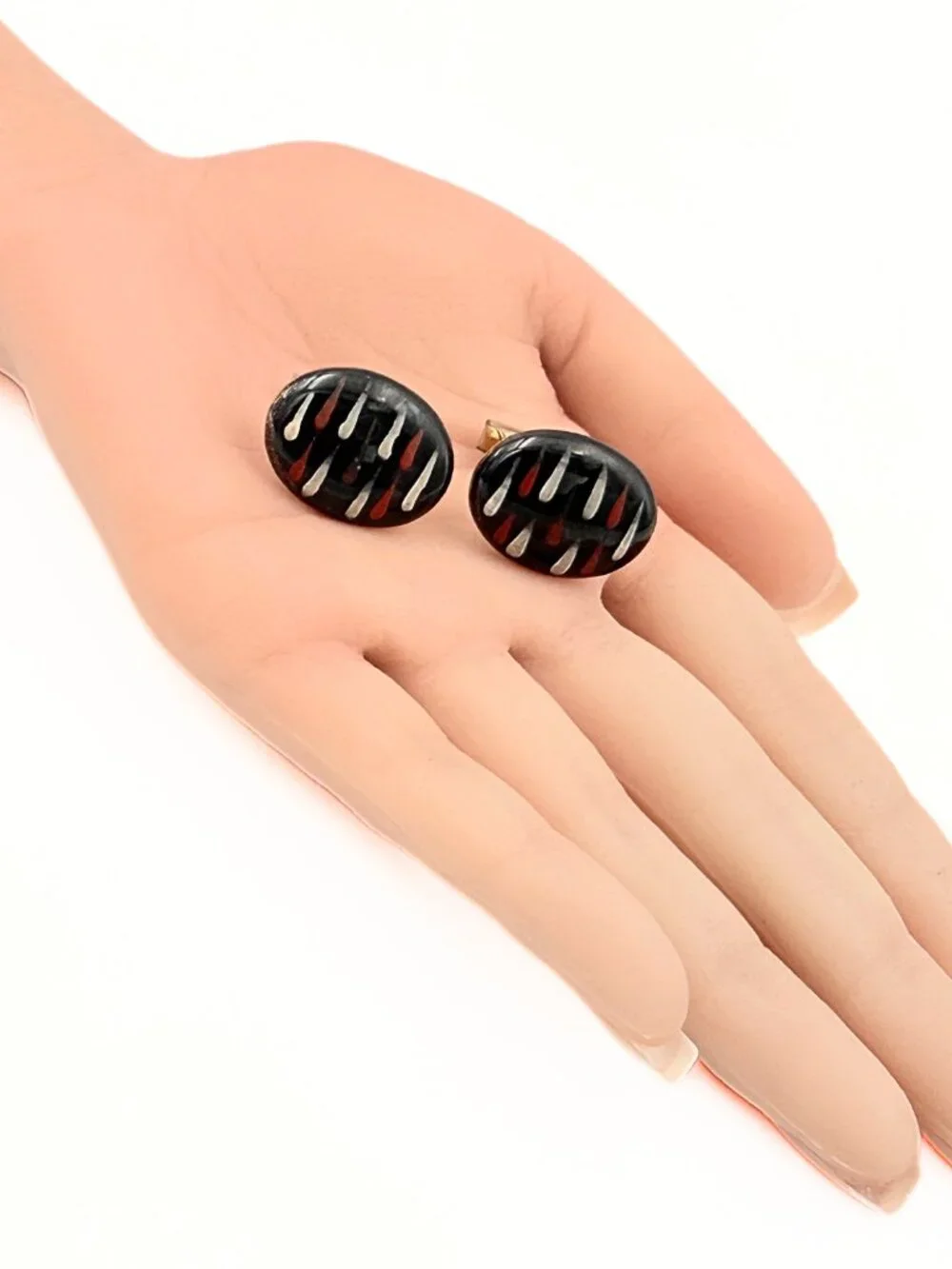 Victoria Flemming Signed Abstract Porcelain Black Red Enamel MCM Cufflinks